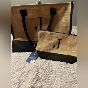 J Monogram Jute Tote and Pouch Set in Natural/Black